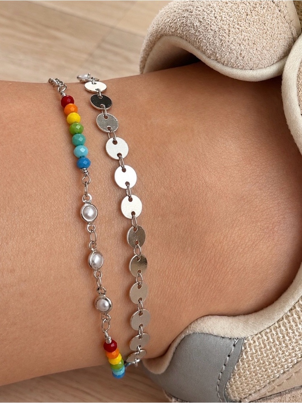3/$40! Rainbow Crystal & Pearl Anklet Platinum Plated - Water Resistant Summer